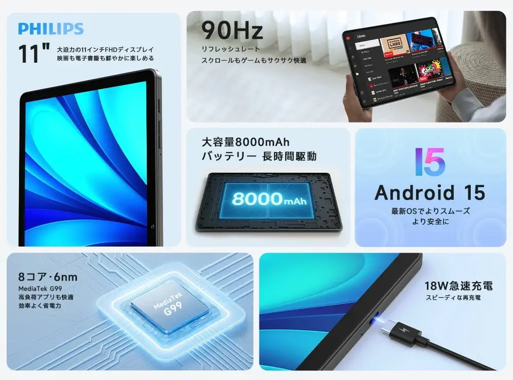 国内正規品 PHILIPS フィリップス タブレット T8015 Android15 AI G99 8コア 11インチ FHD 1920×1200 90Hzリフレッシュレート wifiモデル 16G+128G+1TB拡張 8000mAh 急速充電 分割画面 ユーザー補助 1年保証