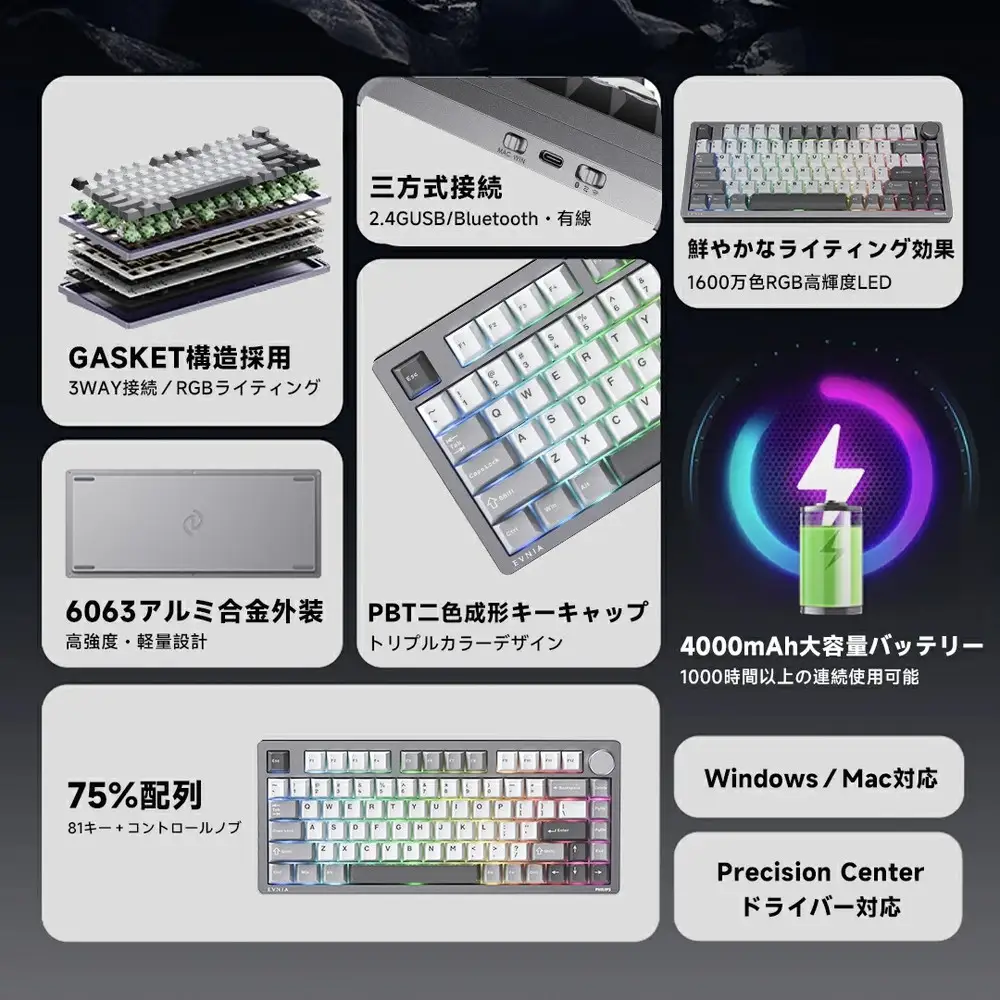PHILIPS メカニカルキーボード ワイヤレス ゲーミングキーボード GASKET構造 75%配列 カスタム抹茶ラテ軸 3モード接続(2.4G/Bluetooth/USB-C) 1600万色RGB 1000時間連続使用 ソフト対応 アルミニウムボディ 国内正規品 1年間保証 SPK8618