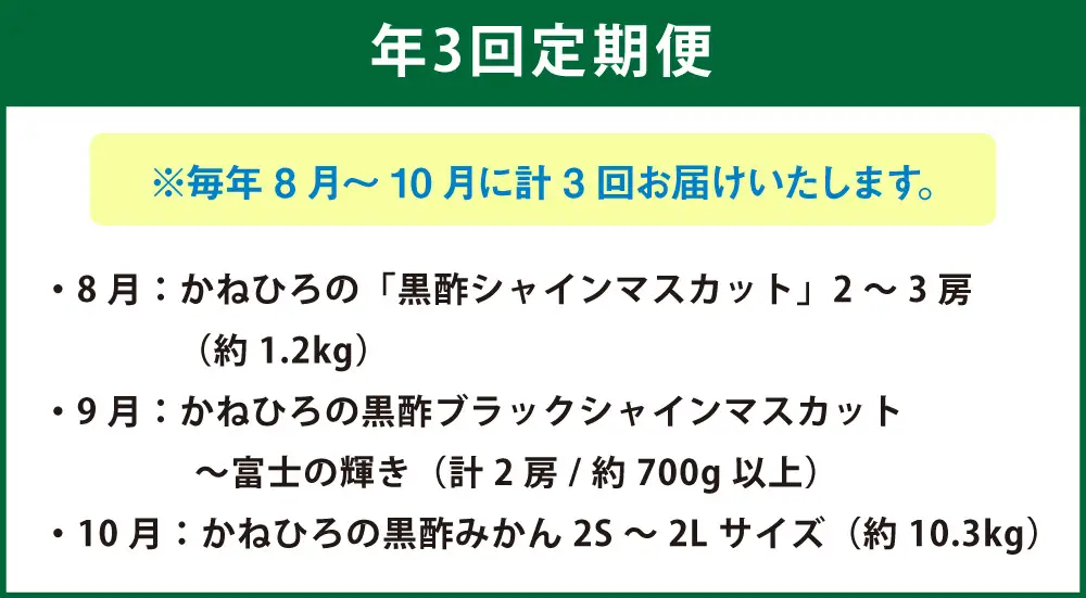 【 年3回定期便 （ 毎年8月 ・ 9月 ・ 10月お届け予定 ） 】 かねひろの旬のフルーツ定期便 【 プレミアム 】 果物 くだもの フルーツ シャインマスカット ブラックシャインマスカット みかん 旬 果実 果肉 国産 佐賀県産 冷蔵 常温 定期 定期配送