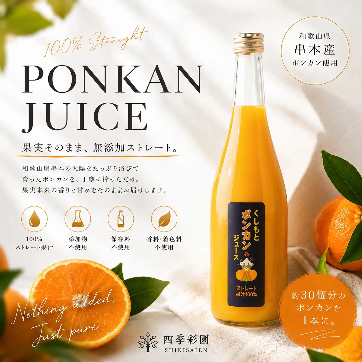 無添加！くしもとポンカンジュース B 720ml ×2本セット まるごと絞った果汁100%ジュース / ドリンク 柑橘 ぽんかん フルーツ みかん ミカン オレンジ 限定 和歌山【sse210】