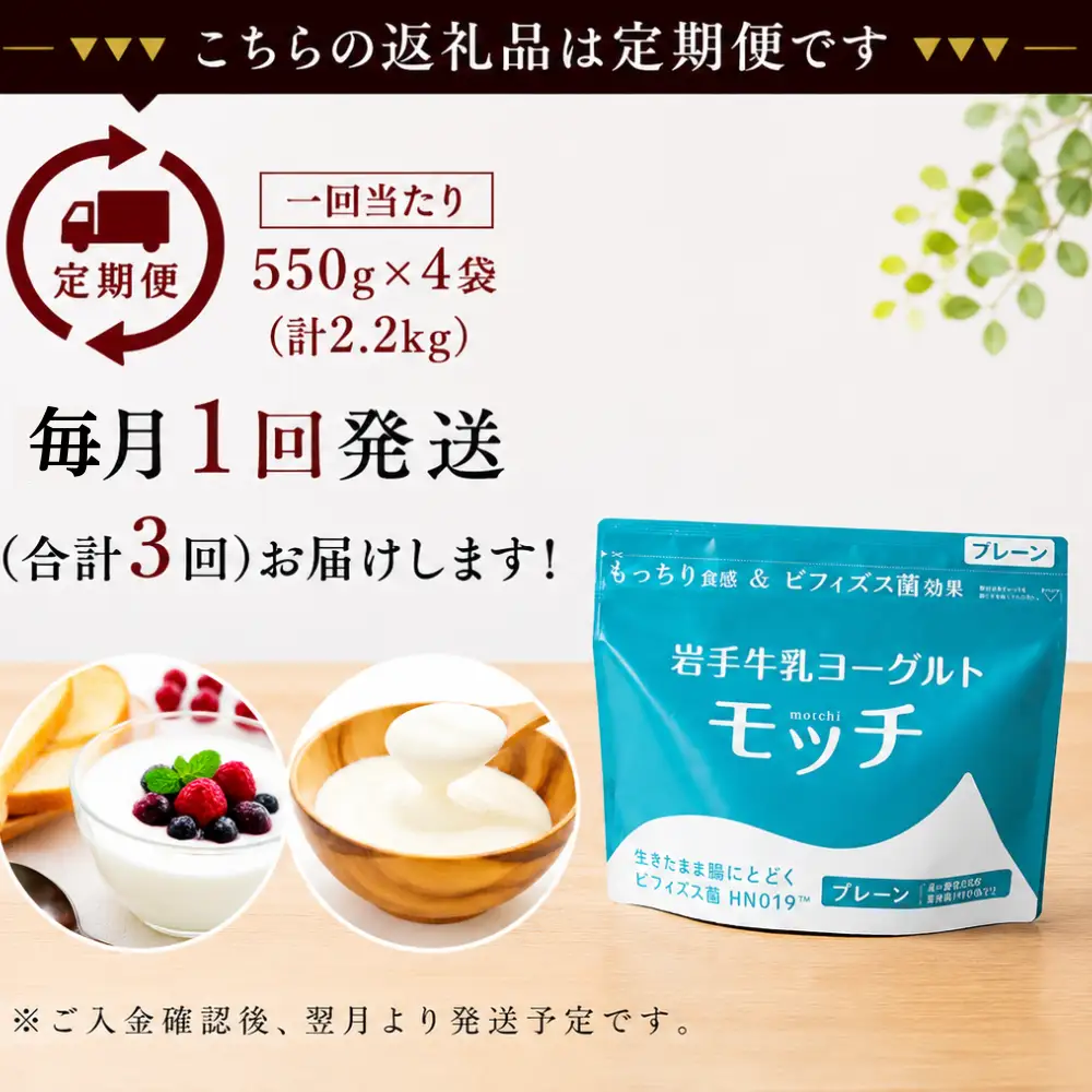 【 3ヶ月 定期便 】 岩手 牛乳 ヨーグルト モッチ プレーン （ 無糖 ） 550g 4袋 【株式会社岩手牛乳】／ パウチヨーグルト パウチ 便利 手軽 もっちり 食感 ビフィズス菌 食物繊維 腸活 菌活 ご当地グルメ 総量 2200g ２２００ｇ 2.2kg ２．２ｋｇ 人気 おすすめ