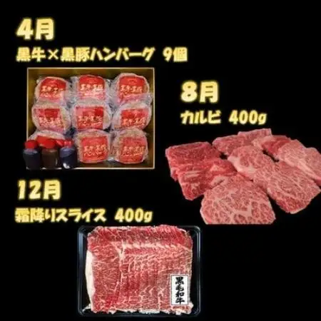 【発送月固定定期便】鹿児島黒毛和牛・黒豚堪能焼き肉、スライス、ハンバーグセット全3回【配送不可地域：離島】【4088864】