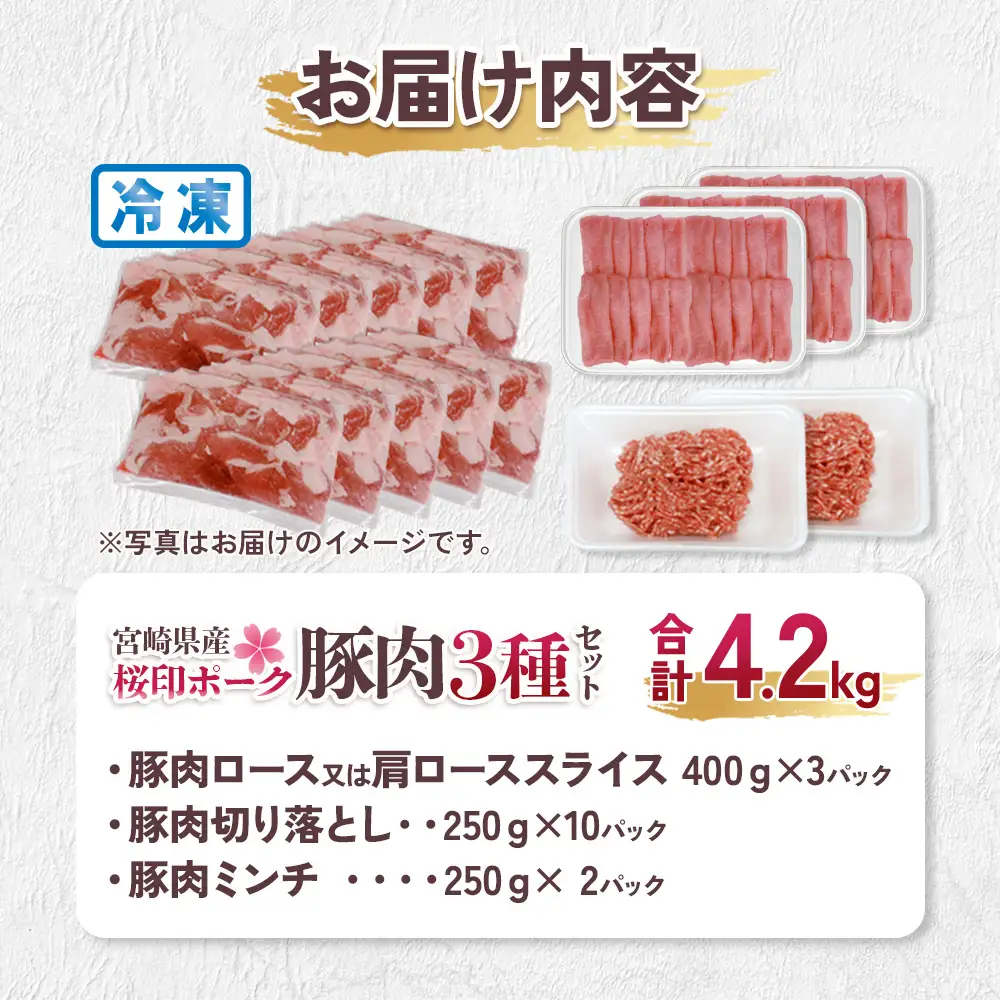 宮崎県産 豚肉 桜印ポーク 3種セット (ロースまたは肩ロース / 切り落とし / ミンチ) 合計4.2kg 小分け 冷凍 国産 送料無料 九州産 肉 お肉 豚 詰め合わせ