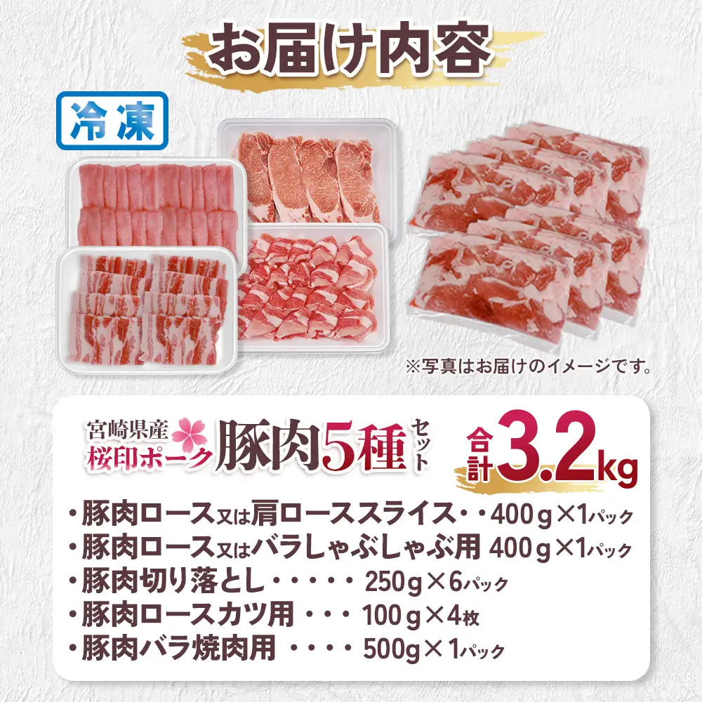 宮崎県産 豚肉 桜印ポーク5種セット (ロースまたは肩ローススライス / ロースまたはバラしゃぶしゃぶ / 切り落とし / ロースカツ / バラ焼肉) 合計3.2kg 小分け 冷凍 国産 送料無料 九州産 肉 お肉 豚 詰め合わせ