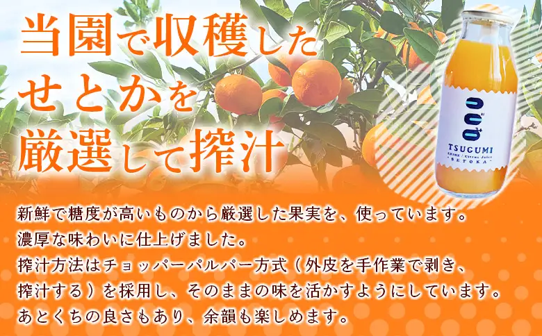予約受付＜TSUGUMI せとかジュース 180ml×6本＞ 『2027年4月から順次発送』果汁 搾汁 糖度 フレッシュ 濃厚 柑橘 みかん ミカン オレンジ 新鮮 ジュース 飲み切り 飲みきりサイズ 瓶 ソフトドリンク 飲んで応援 特産品 ひさしげ農園 愛媛県 西予市【常温】MHS0021