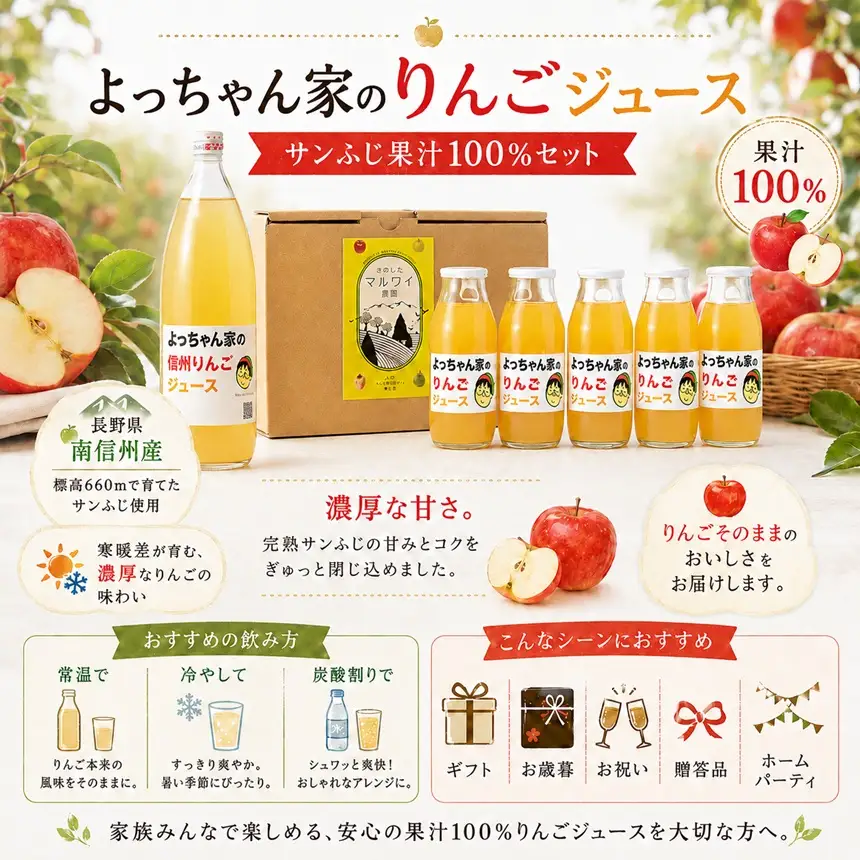 「 よっちゃん家の りんごジュース 」 セット 【180ml瓶 5本入り】