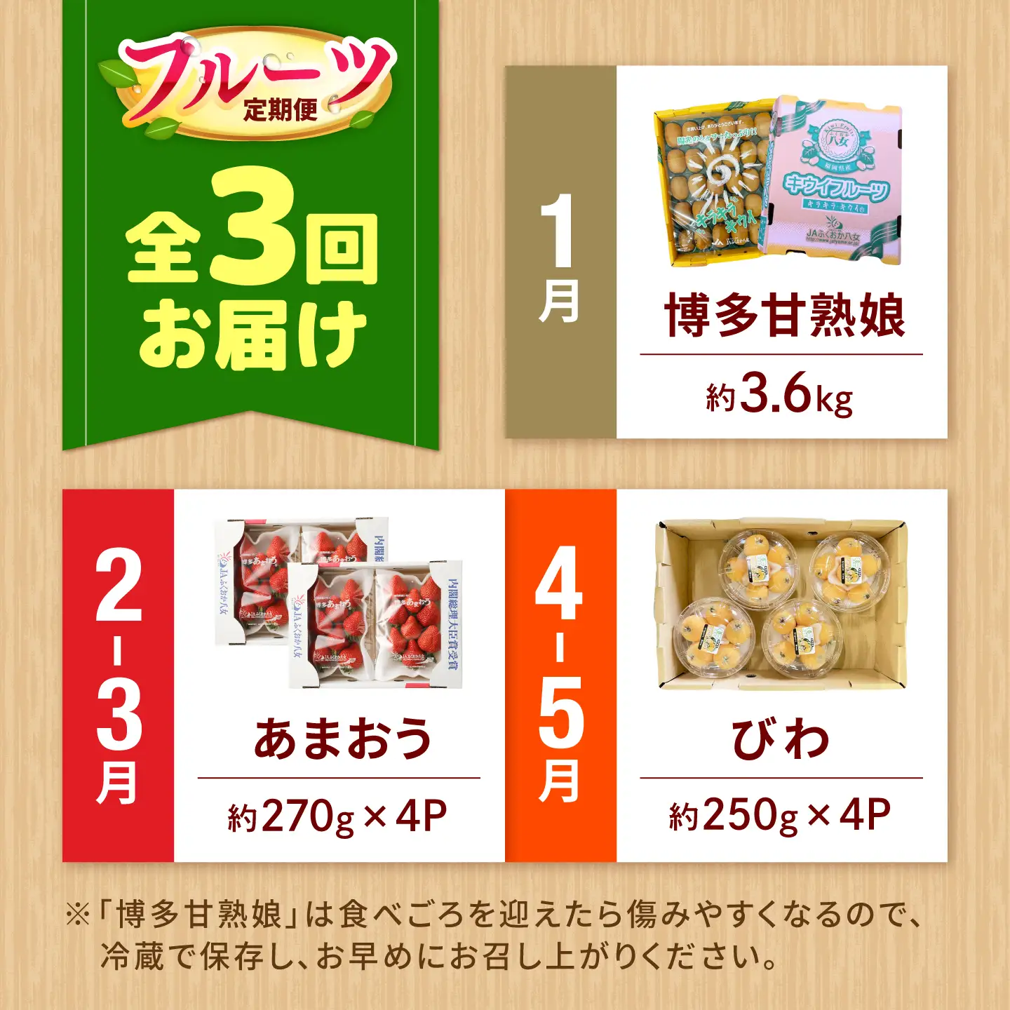 【3回定期便】フルーツ定期便（キウイ/あまおう/びわ） 広川町 / JAふくおか八女農産物直売所どろや[AFAB129]