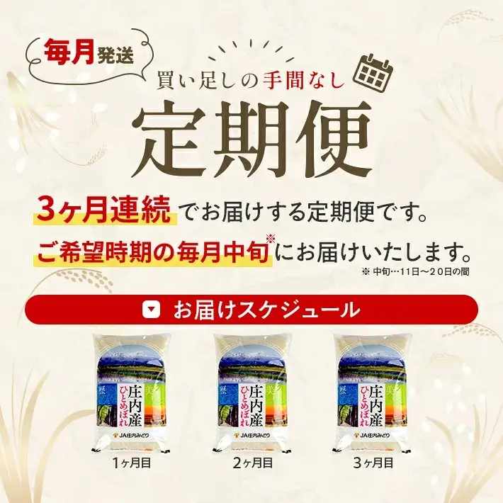 ≪新米予約≫ ≪3ヶ月定期便≫ ひとめぼれ 5kg×3ヶ月連続（11月～1月）計15kg 山形県庄内産 ご希望期間の毎月中旬頃お届け JA 農協 遊佐町 [1666T11]