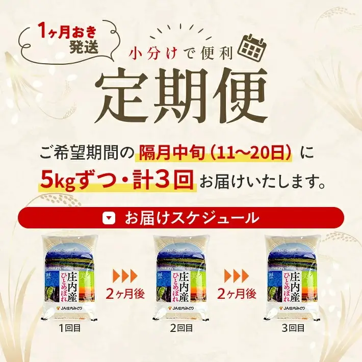  ≪新米予約≫ ≪隔月3回定期便≫ ひとめぼれ 5kg×3回 (11月～隔月3回) 計15kg 山形県庄内産 隔月で中旬頃お届け JA 農協 産地直送 精米 白米 庄内米 東北 遊佐町 [1667T11]
