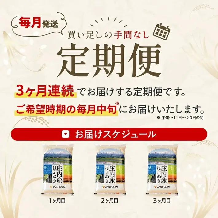 ≪新米予約≫ ≪3ヶ月定期便≫ はえぬき 5kg×3ヶ月連続（12月～2月）計15kg 山形県庄内産 ご希望期間の毎月中旬頃お届け JA 農協 白米 ブランド米 お米 庄内米 東北 遊佐町 [1669T12]