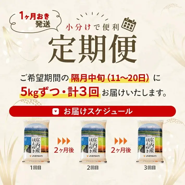 ≪新米予約≫ ≪隔月3回定期便≫ はえぬき 5kg×3回 (11月～隔月3回) 計15kg 山形県庄内産 隔月で中旬頃お届け JA 農協 産地直送 精米 白米 庄内米 東北 遊佐町 [1670T11]