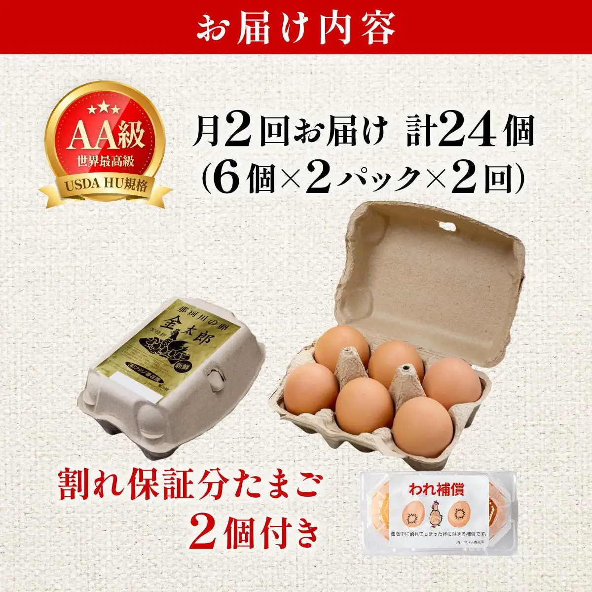 ≪月2回発送≫【TVで紹介】鮮度ＡＡ級の世界最高ランク！金太郎卵 平飼い たまご 計24個(12個×月2回)