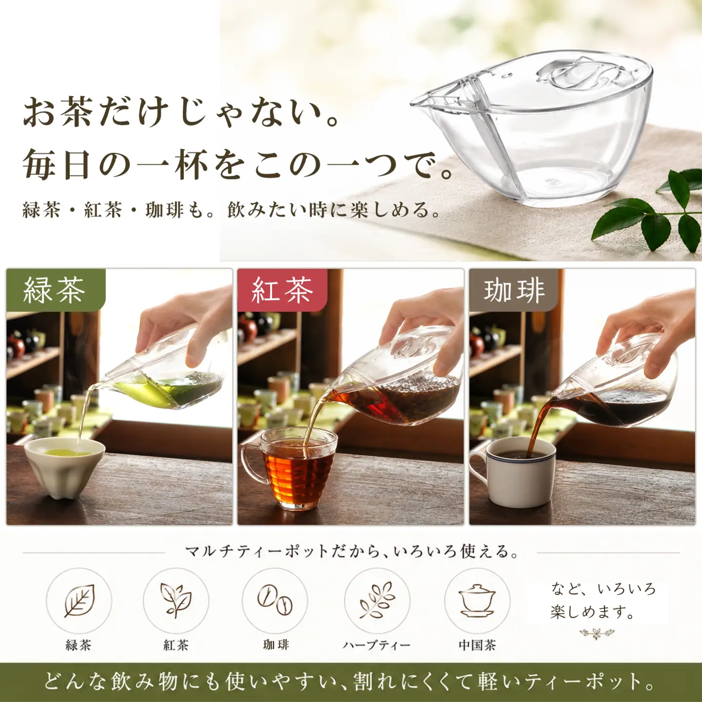 割れないマルチティーポット 250ml 3種フィルター付き 緑茶・紅茶・コーヒー対応