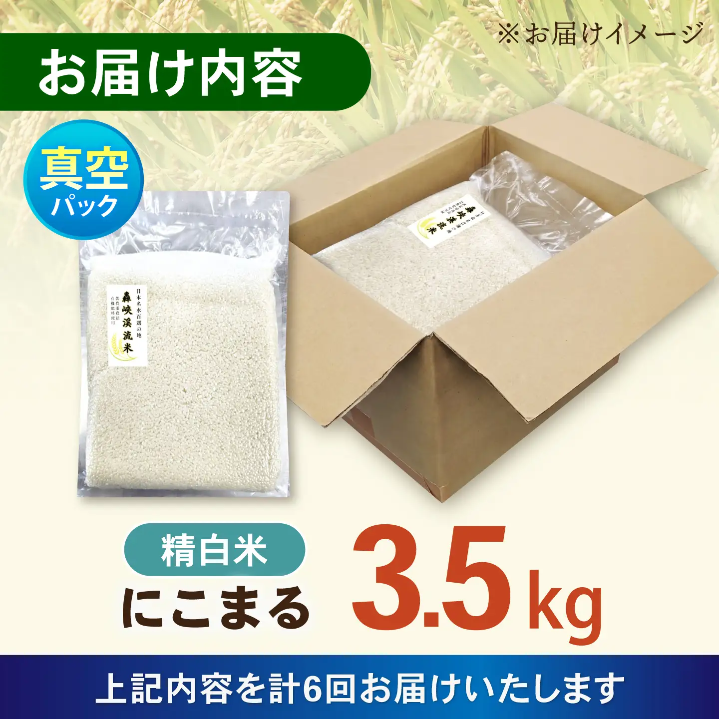 【6回定期便】真空【轟峡渓流米】精白米(にこまる) 3.5kg / 米 お米 白米 精白米 3.5kg 真空 真空パック 長期保存 / 諫早市 / 轟名水ファーム高来[AHFF029]