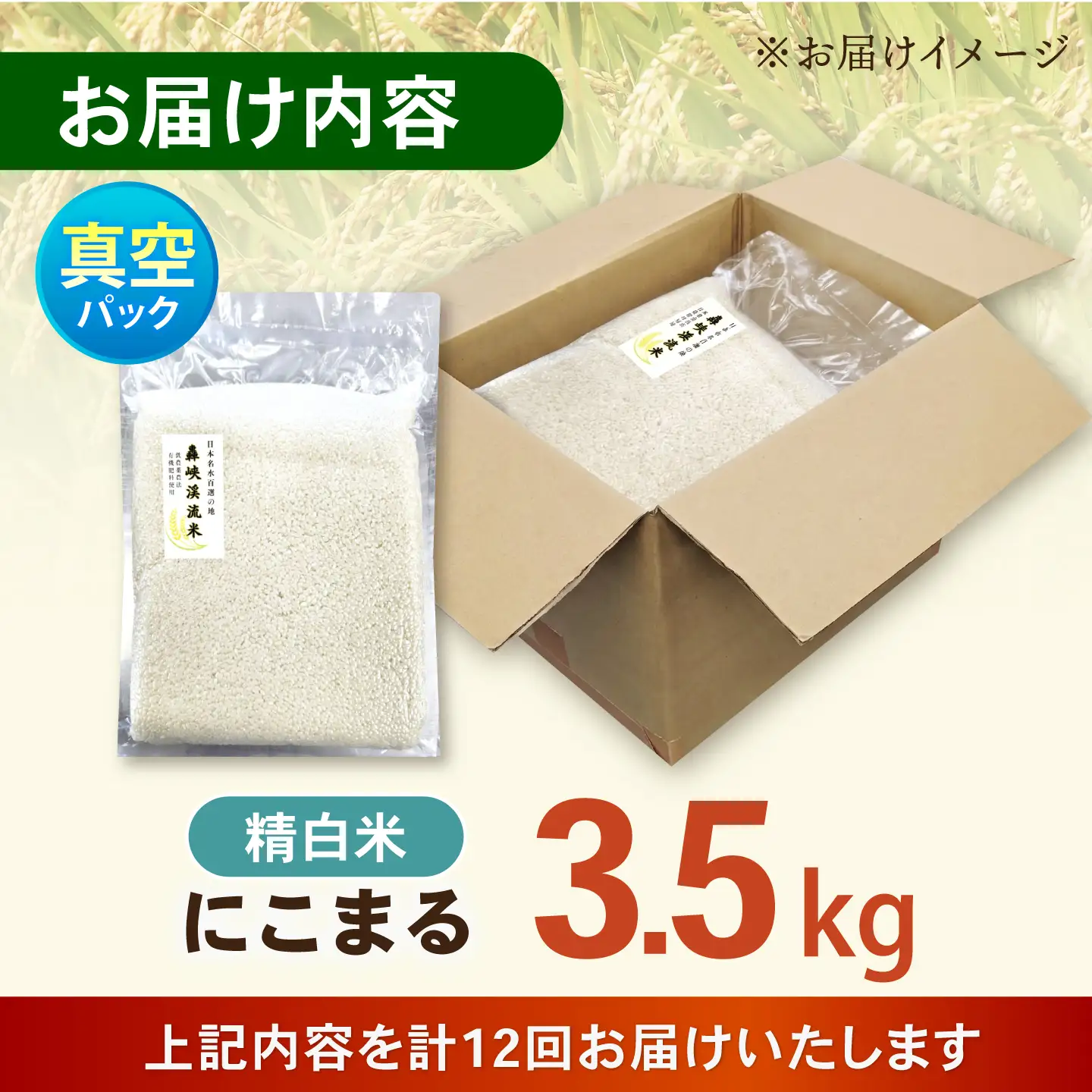 【12回定期便】真空【轟峡渓流米】精白米(にこまる) 3.5kg / 米 お米 白米 精白米 3.5kg 真空 真空パック 長期保存 / 諫早市 / 轟名水ファーム高来[AHFF030]