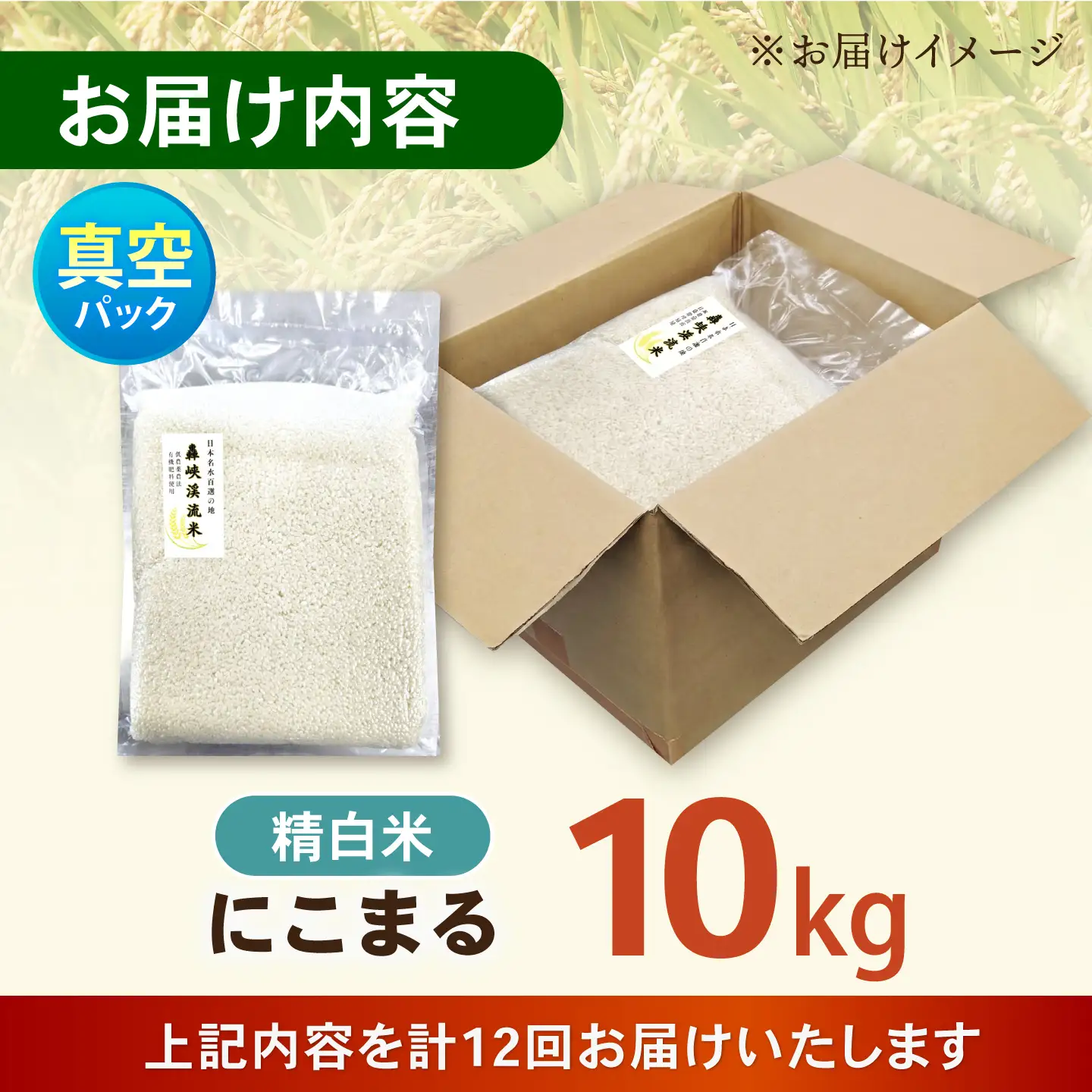 【12回定期便】真空【轟峡渓流米】精白米(にこまる) 10kg / 米 お米 白米 精白米 10kg 真空 真空パック 長期保存 / 諫早市 / 轟名水ファーム高来[AHFF034]