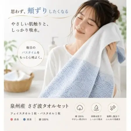 泉州タオル さざ波 化粧箱入り フェイス・バスセット 青海波 高吸水【1753260】