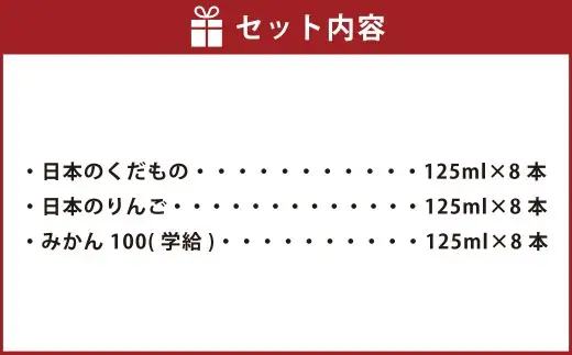 日本のくだもの飲料セット 計24本（125ml×各8本） くだもの飲料 果物飲料 くだもの 果物 飲料 ドリンク ジュース ジューシー 果汁 国産 常温