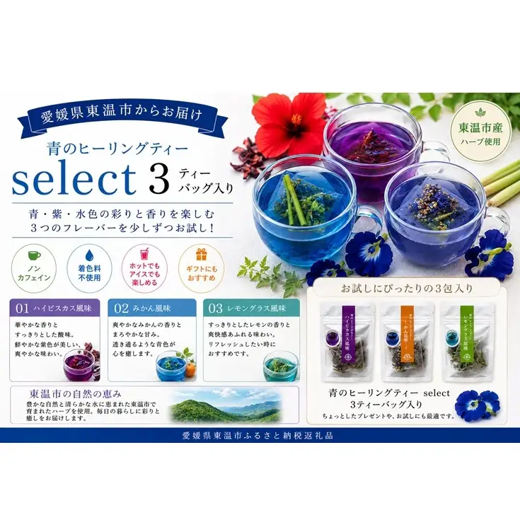 青のヒーリングティー select 3ティーバッグ入り(みかん風味・レモングラス風味・ハイビスカス風味) ハーブティー バタフライピー ノンカフェイン 愛媛県 東温 ギフト おしゃれ フォトジェニック おうちカフェ リラックス 美容 健康 ふるさと納税