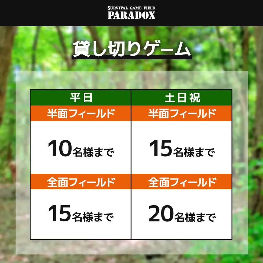 サバゲー 【貸し切り】【全面フィールド】【土日祝日 20名様まで】 サバイバルゲーム フィールド PARADOX