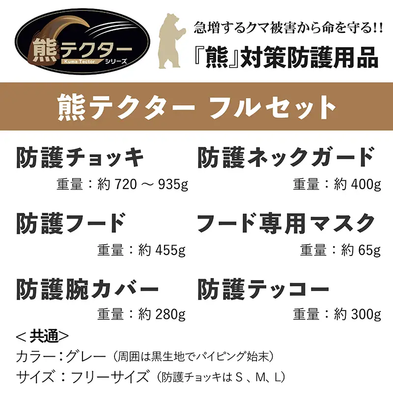 熊の爪から命を守る！ クマ対策 防護服 「熊テクター」一式（防護フード、フード専用マスク、防護腕カバー、防護テッコー、チョッキ、ネックガード）
