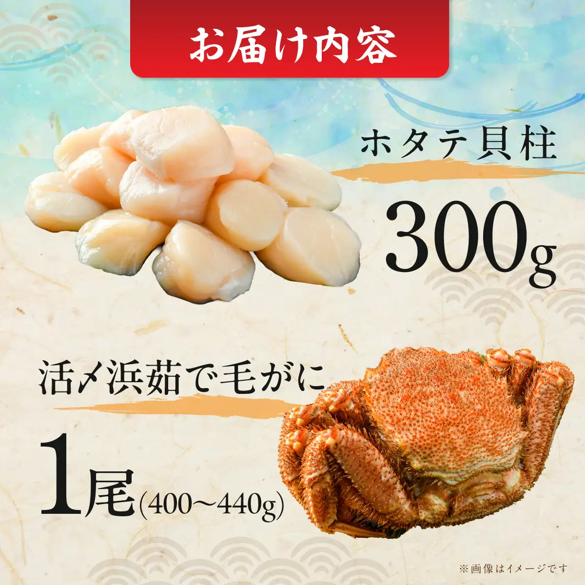 【数量限定】＜網走前浜産＞贅沢海鮮セット【無添加ホタテ貝柱300g・活〆浜茹で毛がに1尾(400～440g)】 ABAI048