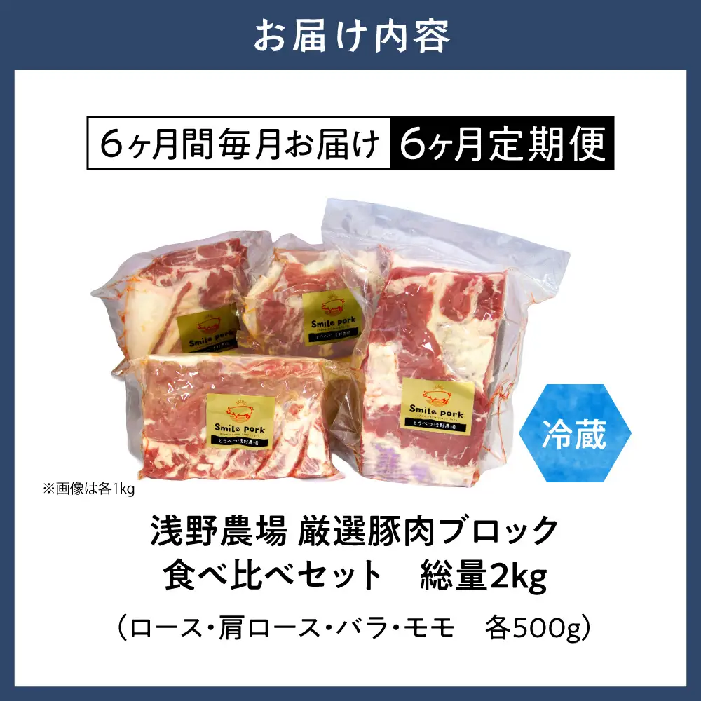 浅野農場厳選豚肉ブロック食べ比べセット 500g×4【6ヶ月定期便】 | 豚肉 肉 ロース バラ モモ 浅野農場 スマイルポーク 北海道 当別町