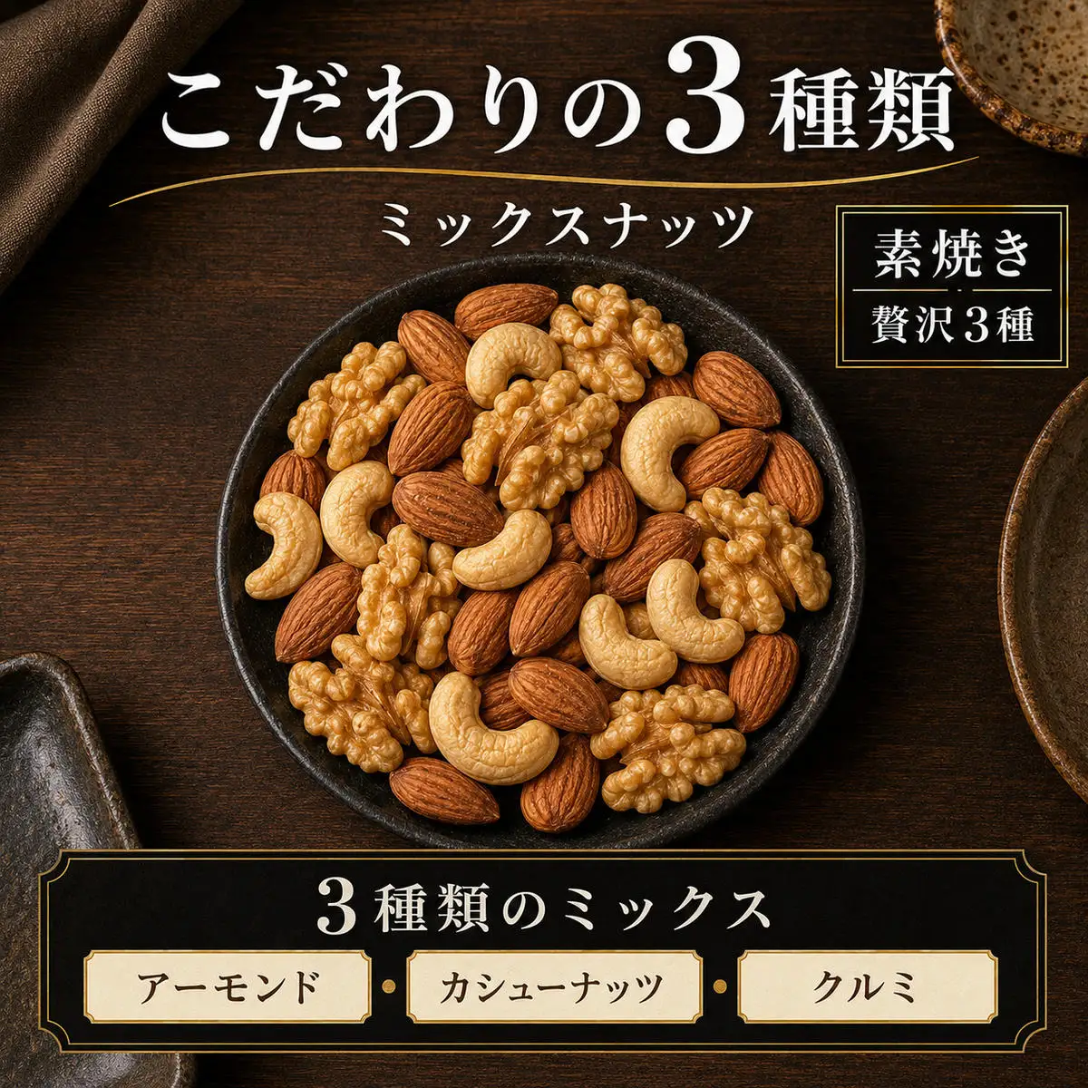 ミックスナッツ 素焼き 無塩 小分け 個包装 180g 20g×9袋 小袋 3種 アーモンド カシューナッツ くるみ 胡桃 食塩不使用 植物油不使用 お試し ロカボ 常温 おつまみ おやつ 間食 ナッツ 兵庫県明石市 みの屋