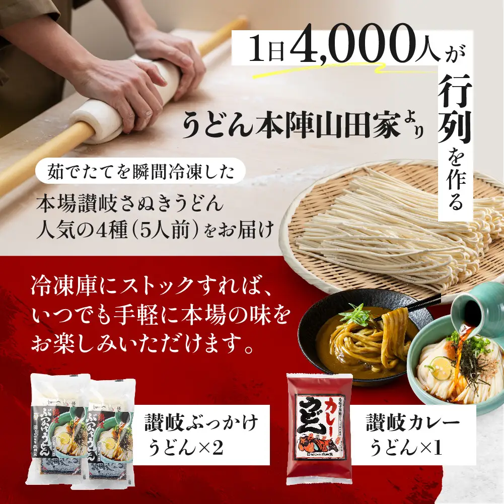【山田家】冷凍讃岐うどん４種ざる・カレー・きつね・かきあげR５／５人前（高松市）