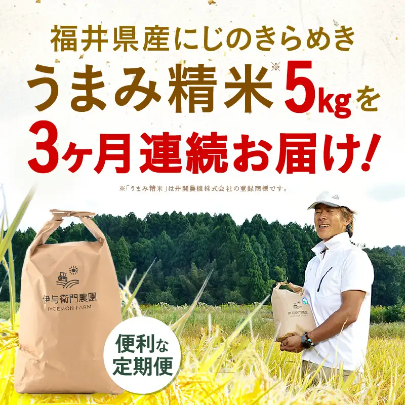 【先行予約】【令和8年産】 定期便 ≪3ヶ月連続お届け≫ にじのきらめき うまみ精米 5kg×3回／ 鮮度抜群 15キロ 福井県あわら産 お米 ※2026年10月上旬より順次発送 [aw071-c006]