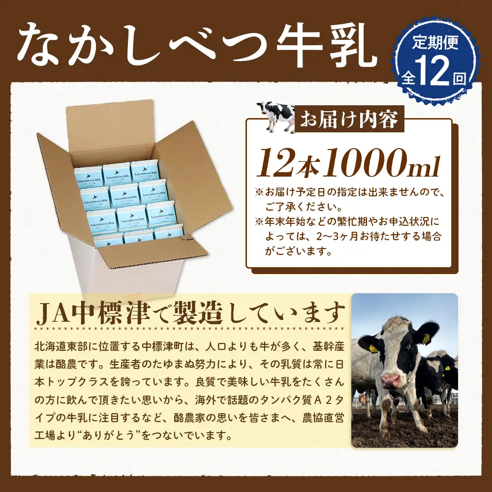 【定期便：全12回】北海道なかしべつ牛乳 1L×12本【14061】