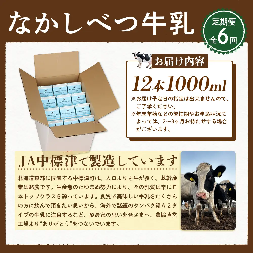 【定期便：全6回】北海道なかしべつ牛乳 1L×12本【14060】