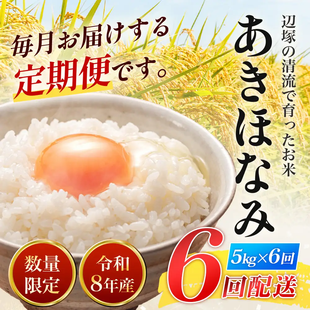 〈新米先行予約受付中！〉【定期便6ヶ月】 令和8年産 あきほなみ5kg×6回 計 30kg FS-4｜ 米 お米 こめ コメ 白米 精米 ご飯 国産 産地直送 鹿児島県 南大隅町 辺塚産 数量限定