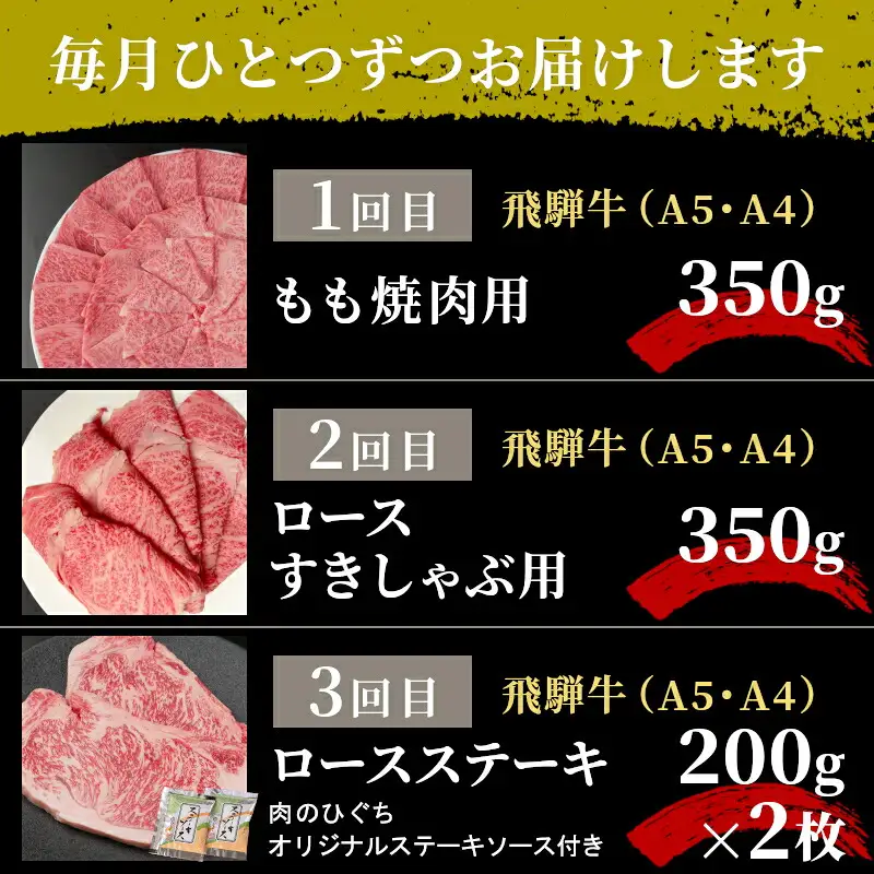 全3回 飛騨牛 定期便 計1.1kg 2人前 すき焼き しゃぶしゃぶ ステーキ 焼肉 BBQ ロース カタロース ロースステーキ モモ カタ 贅沢 贈り物 3ヶ月 定期 おすすめ 人気 飛騨 ブランド牛 肉のひぐち 岐阜県 七宗町