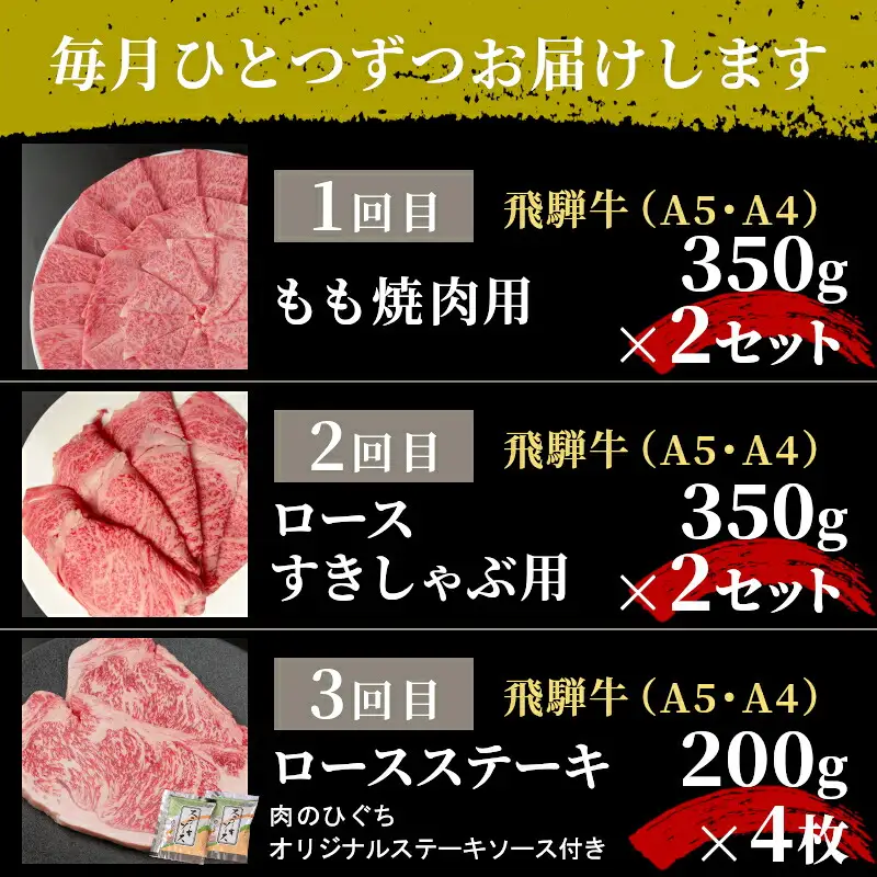 全3回 飛騨牛 定期便 計2.2kg 4人前 すき焼き しゃぶしゃぶ ステーキ 焼肉 BBQ ロース カタロース ロースステーキ モモ カタ 贅沢 贈り物 3ヶ月 定期 おすすめ 人気 飛騨 ブランド牛 肉のひぐち 岐阜県 七宗町