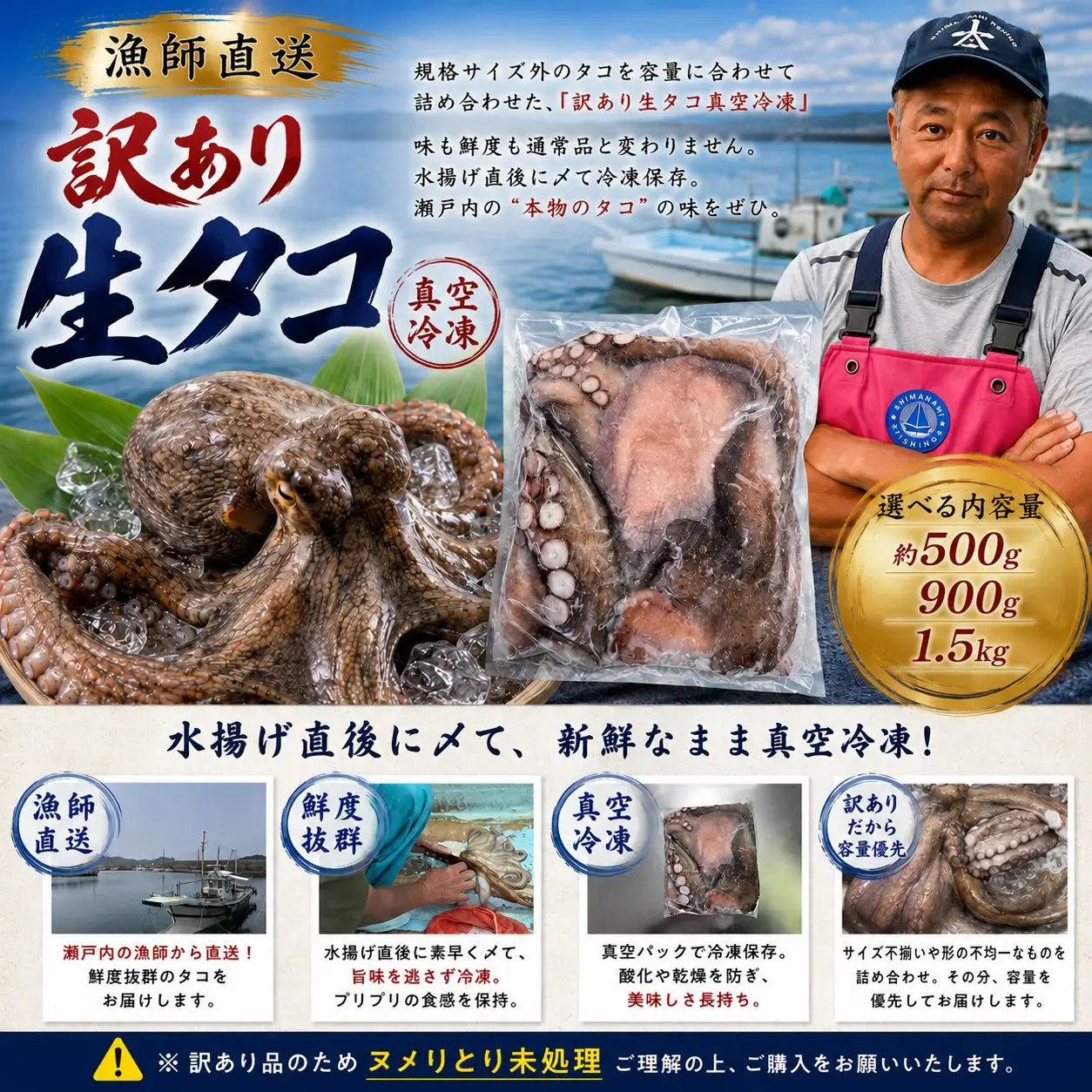 訳あり 瀬戸内 海の幸 セット 真空 生タコ 約 900g 