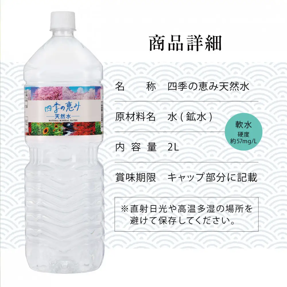 四季の恵み　天然水　2L　計24本ペットボトル（2000ml×6本×4箱セット）ミツウロコビバレッジ 水 ミネラルウォーター まとめ買い 天然水 飲料水 軟水 備蓄【配送不可：沖縄県・離島】