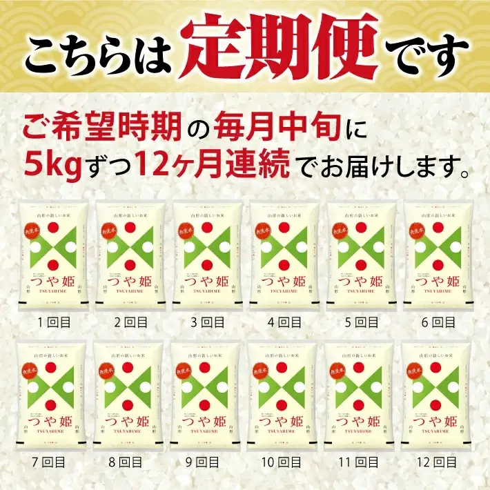 (10月～9月) ≪12ヶ月定期便≫ 無洗米 つや姫 5kg×12ヶ月連続 計60kg 山形県産 毎月中旬にお届け 東北 山形県 遊佐町 庄内地方 精米 白米 米 お米 ブランド米 ごはん ご飯 連続定期便 12回連続 小分け [1533T10]