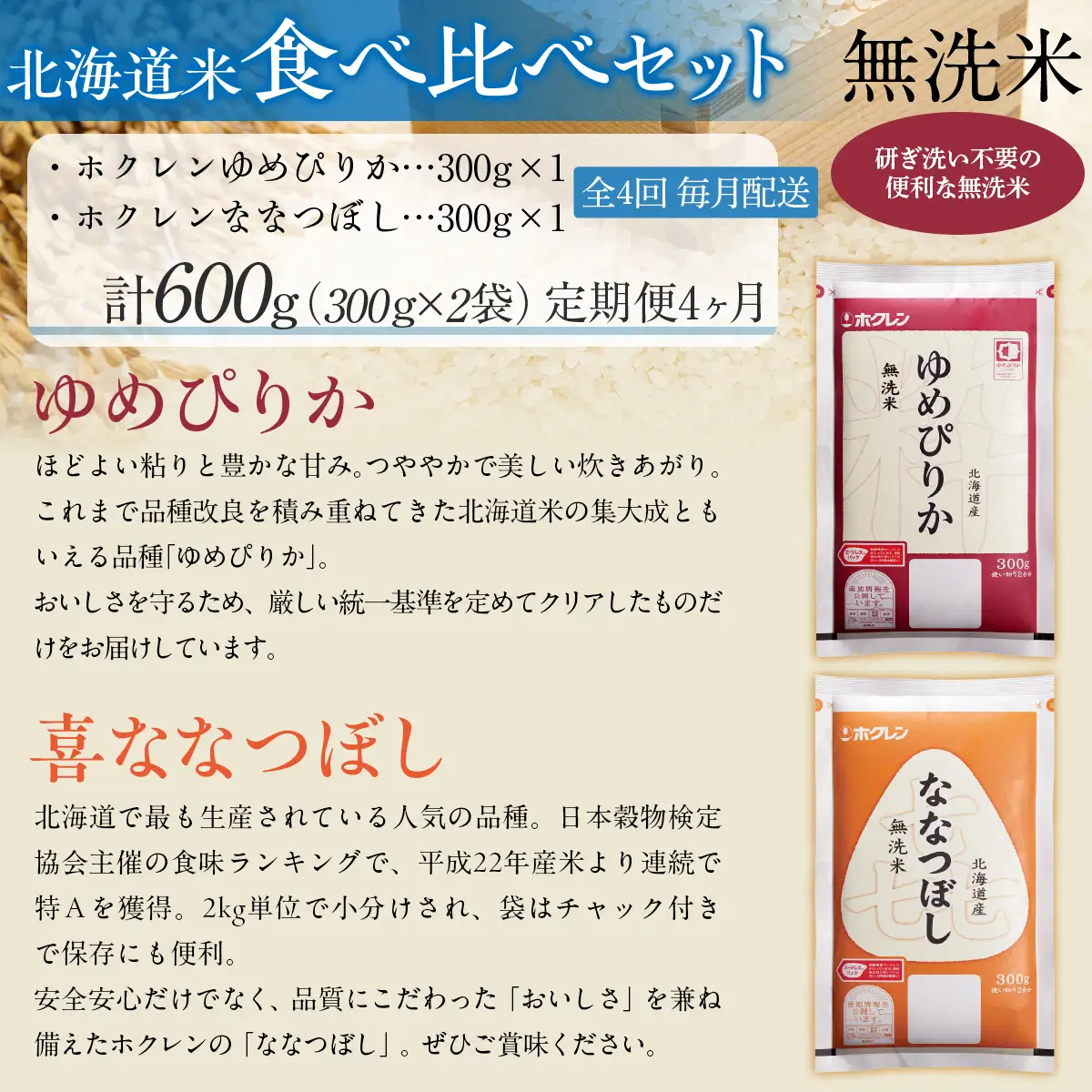 【４ヶ月定期配送】（無洗米６００ｇ）食べ比べセット（ゆめぴりか、ななつぼし） MKWAI161