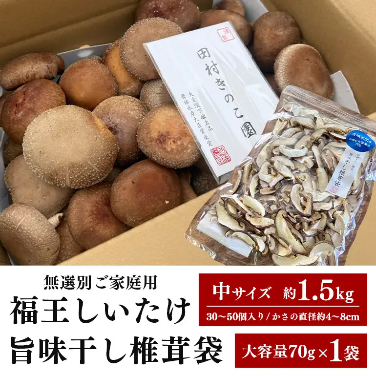 【先行予約/2026年10月末以降発送】ご家庭用福王しいたけ(中サイズ1.5kg）＆干し椎茸お得袋セット IA-020