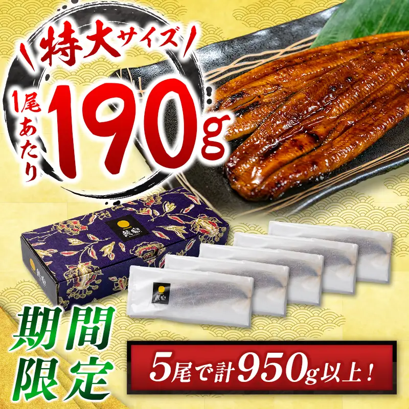 特大 国産 うなぎ 蒲焼 5尾（計950g以上）
