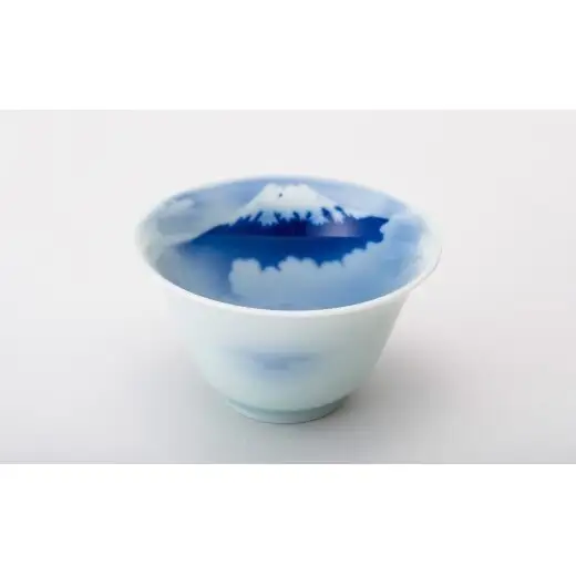 有田焼 富士山 新朝顔型仙茶碗揃【深川製磁】食器 器 うつわ 和食器 煎茶碗 湯呑 ゆのみ 伝統工芸 染付 富士 磁器 陶磁器 青 ブルー セット aa061