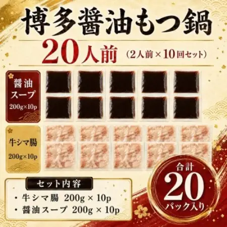 訳あり!博多醤油もつ鍋　20人前(2人前×10回セット)(大野城市)【配送不可地域：離島】【1770945】