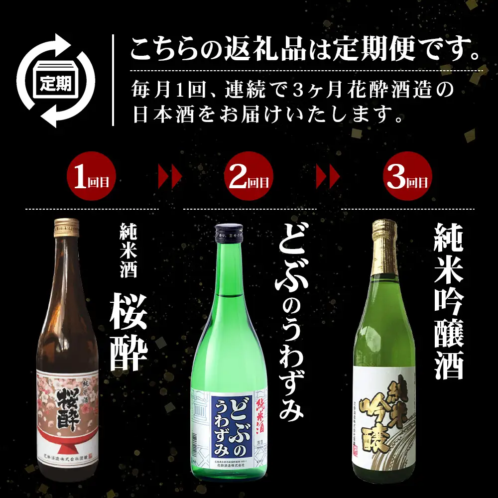 定期便 3回 花酔酒造 720ml バラエティ お試し定期便 合計2160ml 日本酒 清酒 純米酒 純米原酒 純米吟醸酒