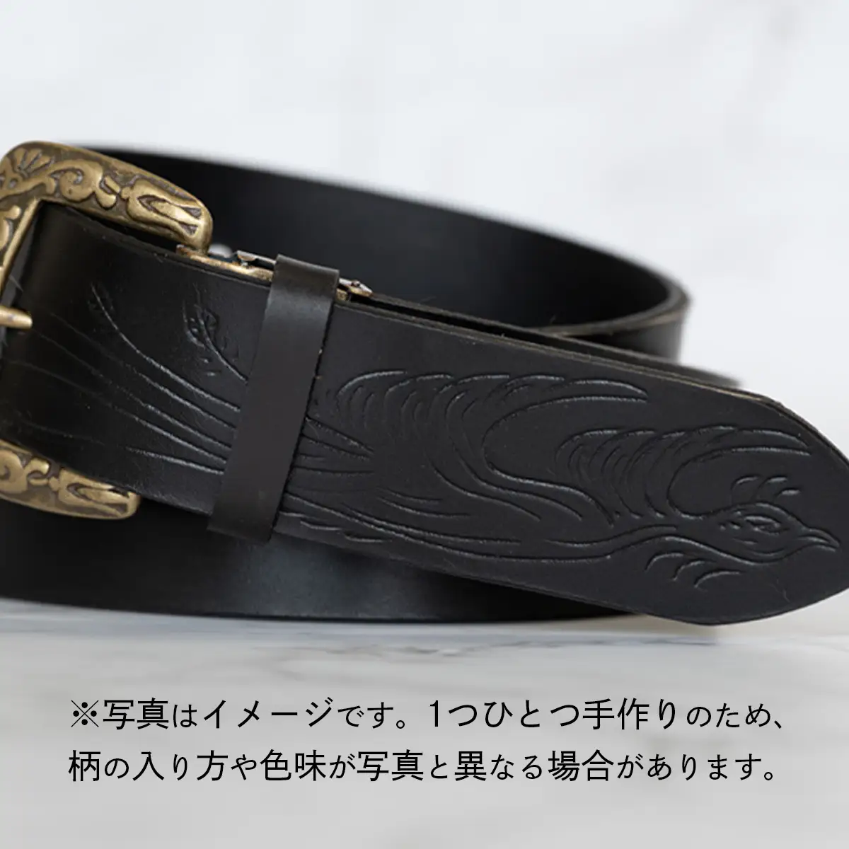 牛革ベルト（オイルベルト・黒色・鳳凰鳥模様）【太さ40mm / 厚さ3.7mm / L(130cm)】　牛革 父の日 手作り ベルト 革製品 [BE061ya-L]