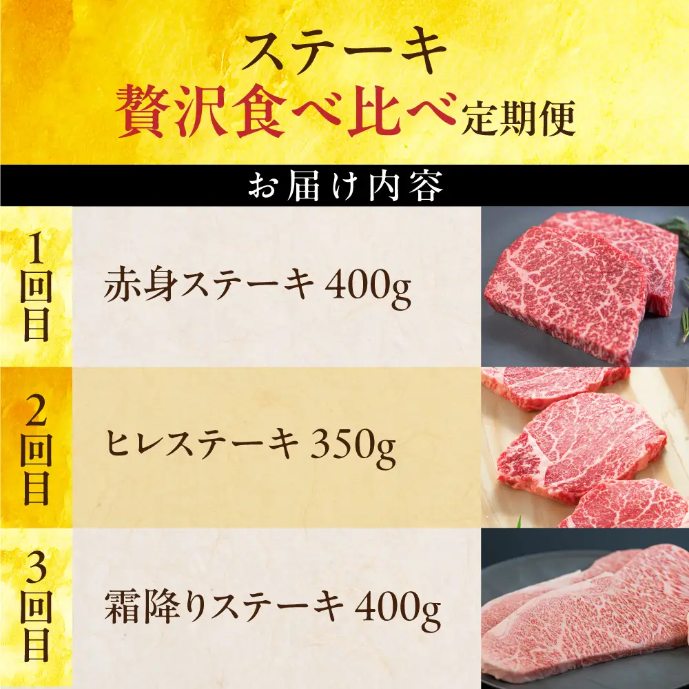 飛騨牛　A5 牝牛 ステーキ食べ比べ 3か月定期便 ステーキ 3回 ヒレ 赤身 霜降り サーロイン　牛肉 モモ 焼肉 高級 黒毛和牛 和牛