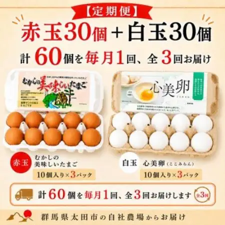 【毎月定期便】むかしの美味しい卵・心美卵 紅白食べ比べセット 60個(各30個)全3回【配送不可地域：離島】【4091597】