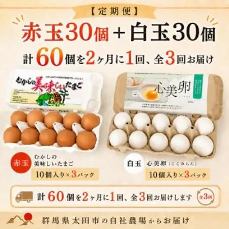 【2ヵ月毎定期便】むかしの美味しい卵・心美卵 紅白食べ比べセット 60個(各30個)全3回【配送不可地域：離島】【4091600】
