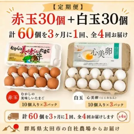 【3ヵ月毎定期便】むかしのおいしい卵・心美卵 紅白食べ比べセット 60個(各30個)全4回【配送不可地域：離島】【4091602】