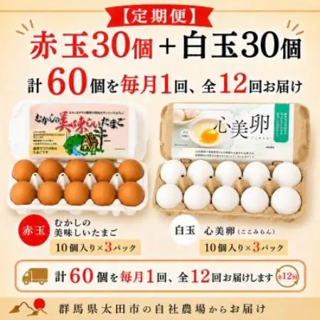 【毎月定期便】むかしの美味しい卵・心美卵 紅白食べ比べセット 60個(各30個)全12回【配送不可地域：離島】【4091612】